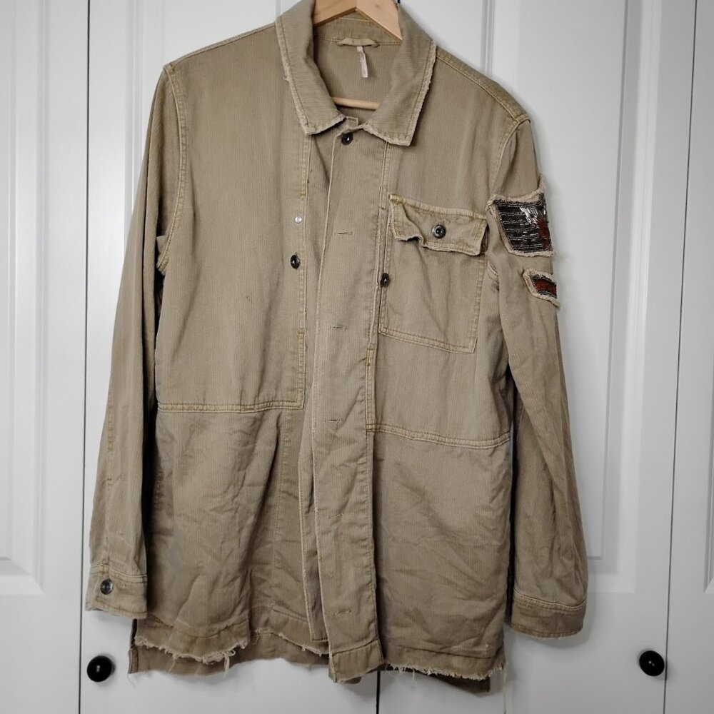 Free People Women's Tan Long Sleeve Embellished Military Shirt Jacket Size L
